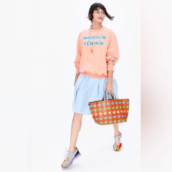 Clare V. Bateau tote in Natural/Blood Orange with Multi Oversized Woven Checker - Picture 1 of 11